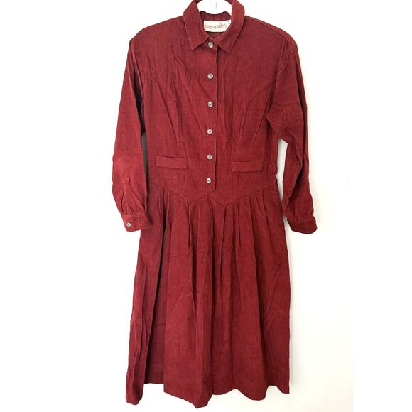 VTG Alain Toussaint Corduroy Midi Dress Rust Orange Long Sleeve Front Button 4P - Picture 1 of 8